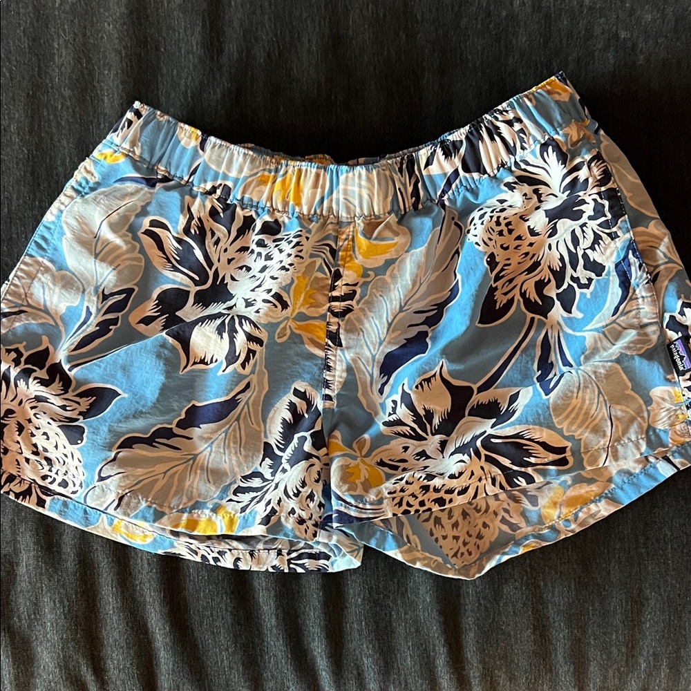 Patagonia Light Blue Floral Athletic Shorts with Navy & Yellow Accents